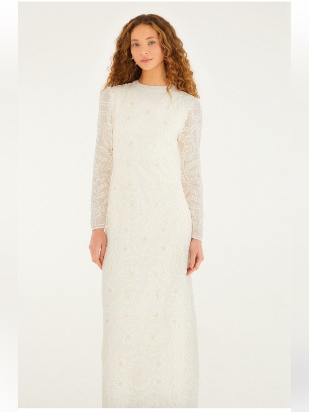 Farm Rio: Off-White Embroidered Crew Neck
Long Sleeve Maxi Dress